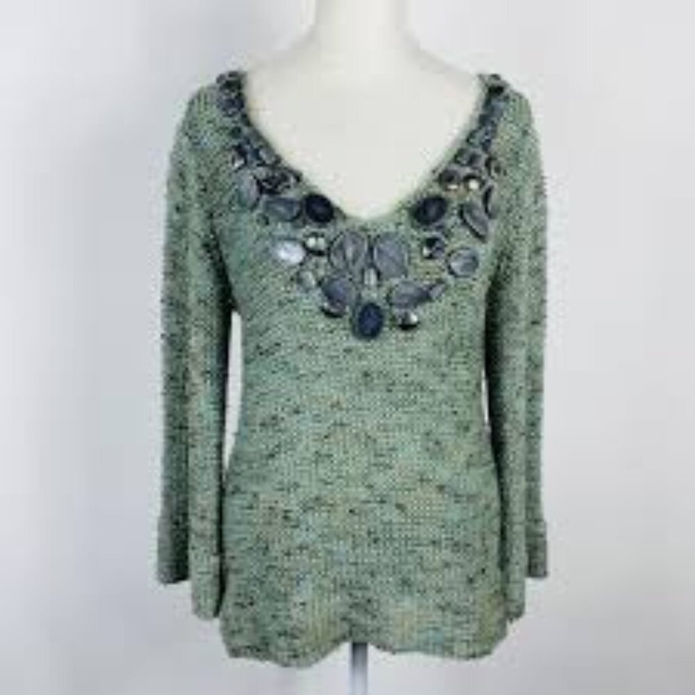 BCBGMAXAZRIA Stones Embellishment V-Neck Army Green Pullover Boho Sweater Sz S
